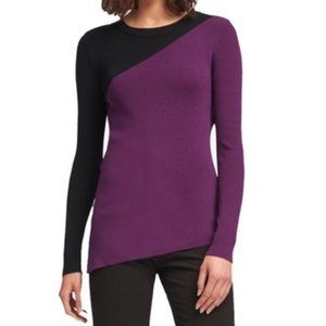 DKNY Women Asymmetric Ribbed Color Blocked Pullover Sweater S, Purple/Black